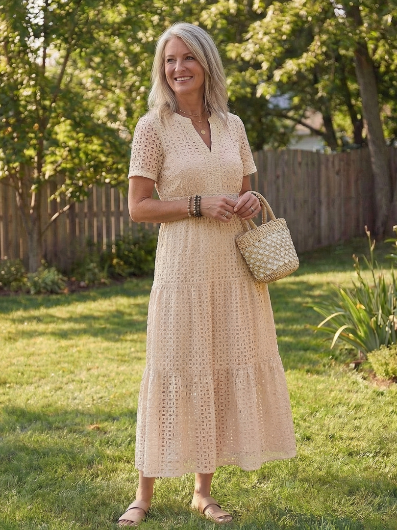 Odelisse | Vestido midi con mangas cortas y volantes de ojales