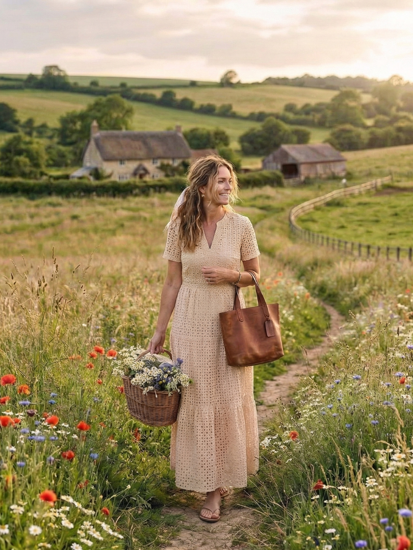 Odelisse | Vestido midi con mangas cortas y volantes de ojales