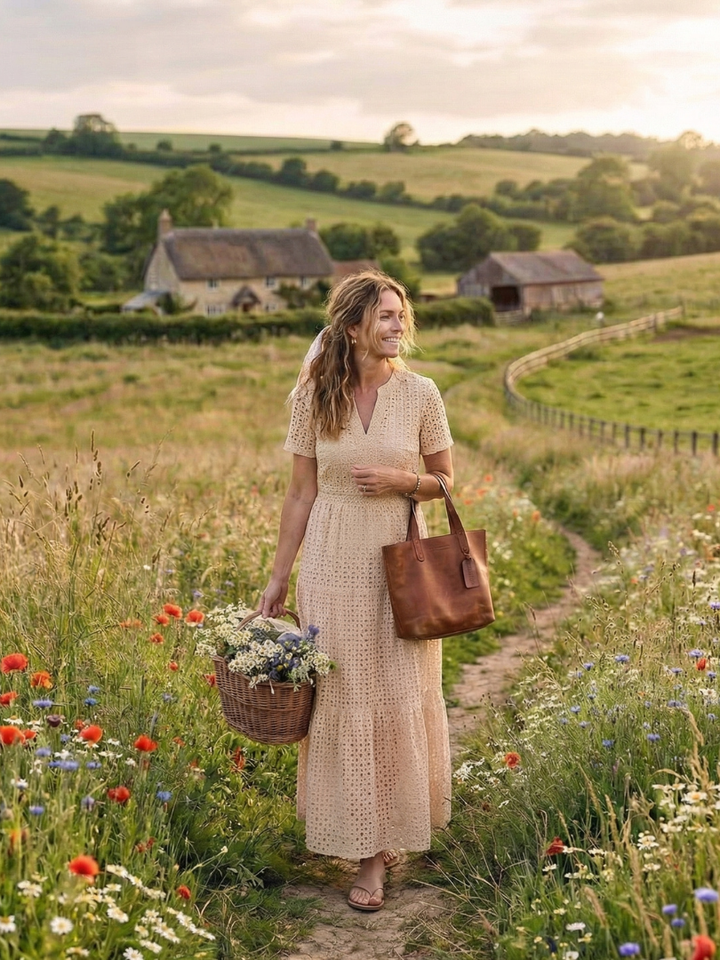 Odelisse | Vestido midi con mangas cortas y volantes de ojales