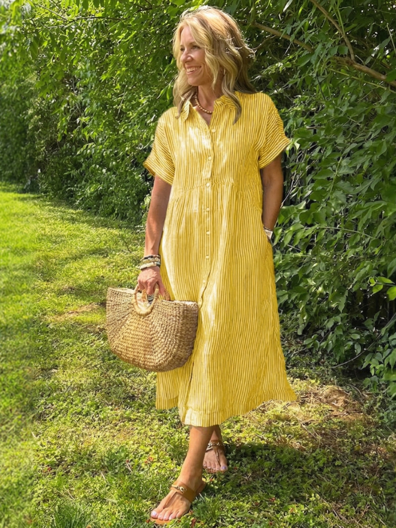 Olivienne | Vestido midi de rayas con botones y manga corta