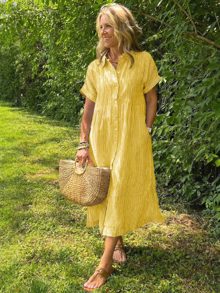 Olivienne | Vestido midi de rayas con botones y manga corta