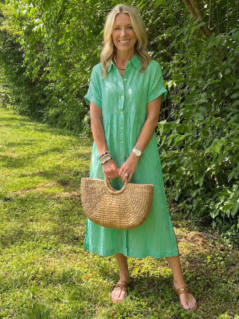 Olivienne | Vestido midi de rayas con botones y manga corta