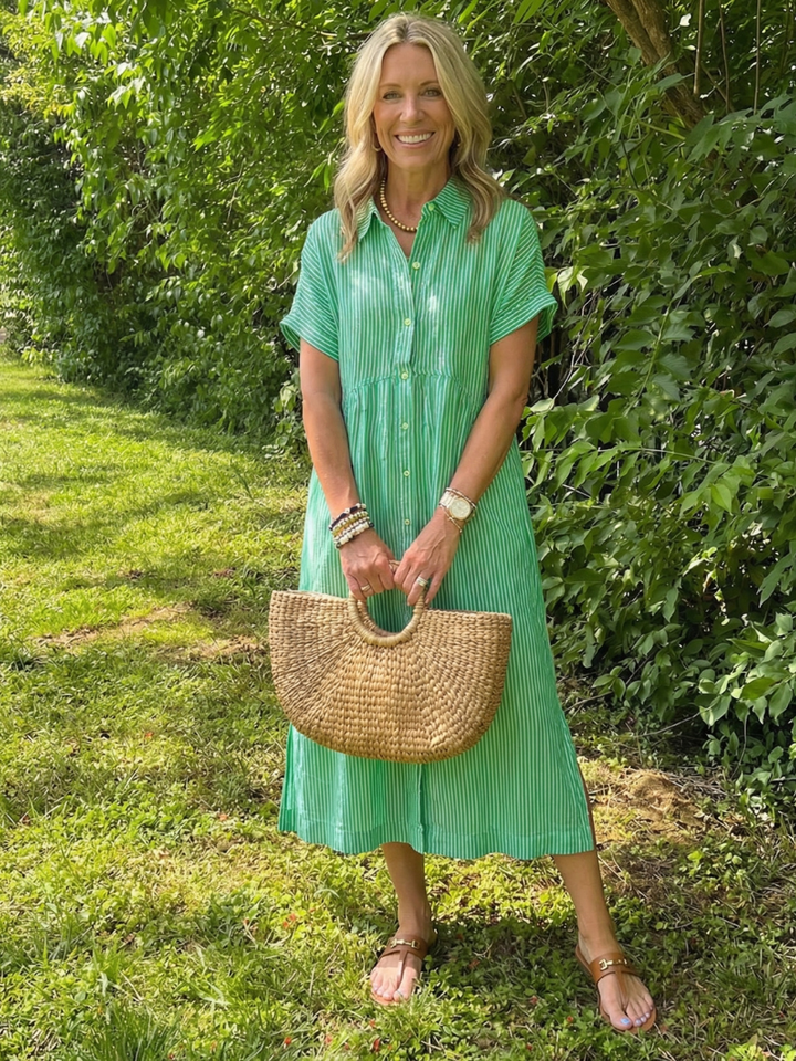 Olivienne | Vestido midi de rayas con botones y manga corta