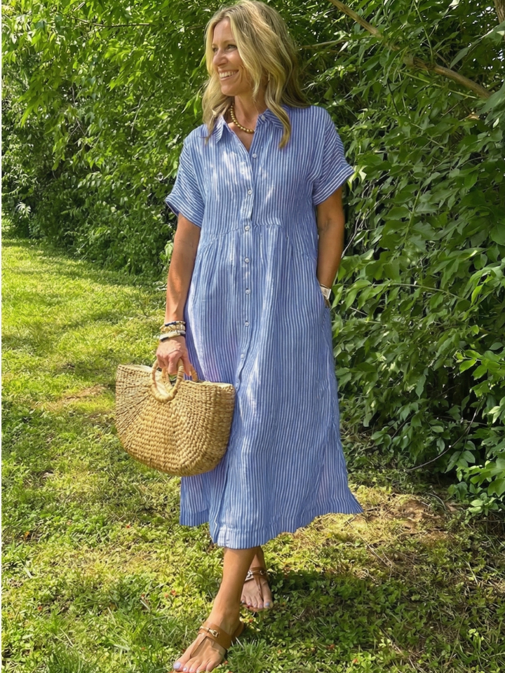 Olivienne | Vestido midi de rayas con botones y manga corta