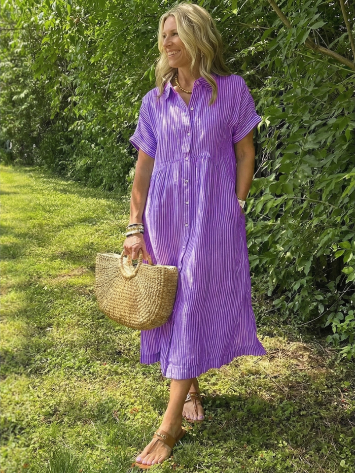 Olivienne | Vestido midi de rayas con botones y manga corta