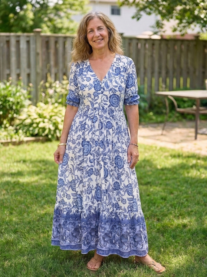 Calandra | Vestido midi floral de manga corta y escote en V