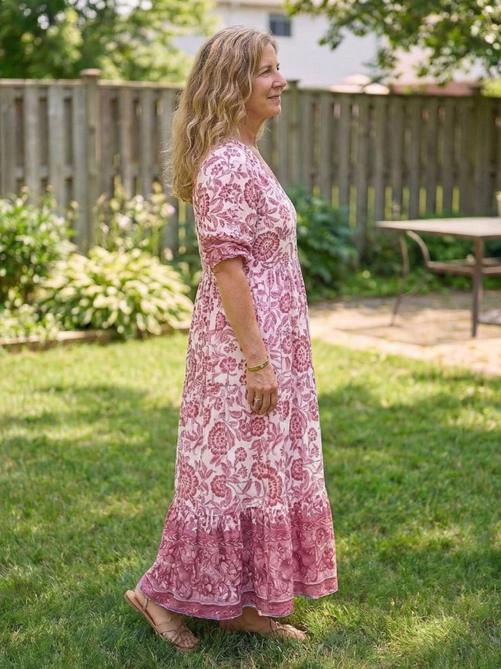 Calandra | Vestido midi floral de manga corta y escote en V
