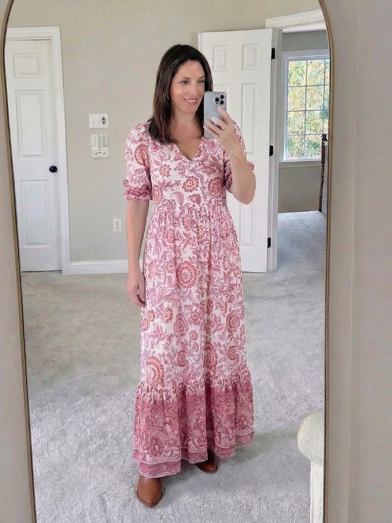 Calandra | Vestido midi floral de manga corta y escote en V