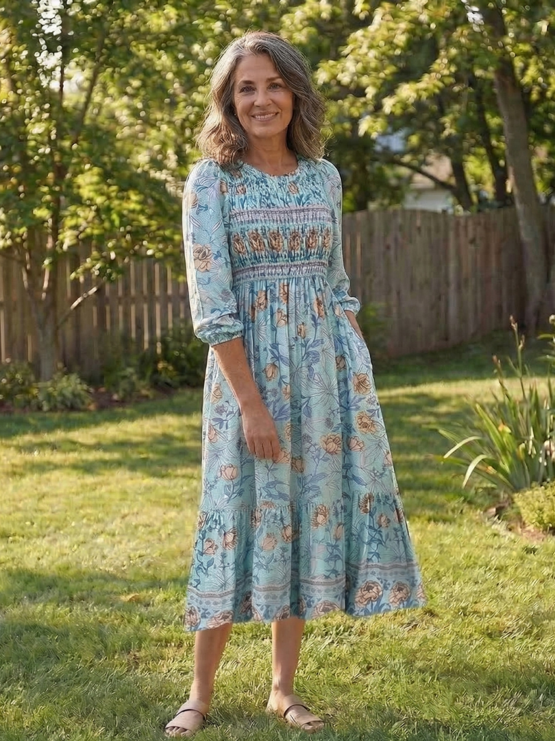 Mariselle | Vestido Midi Floral con Mangas Tres Cuartos