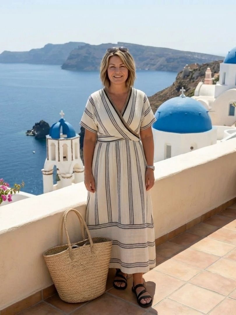 Thalassa | Vestido midi de manga corta con escote en V y cintura envolvente