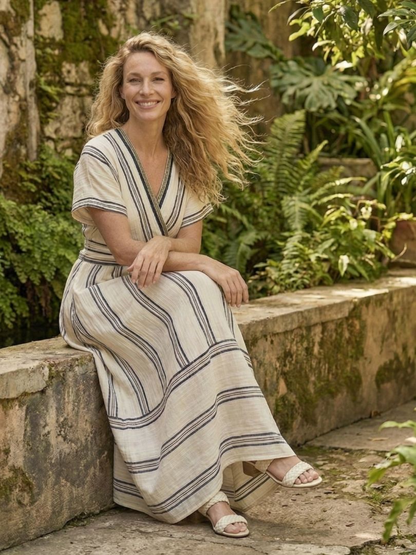 Thalassa | Vestido midi de manga corta con escote en V y cintura envolvente