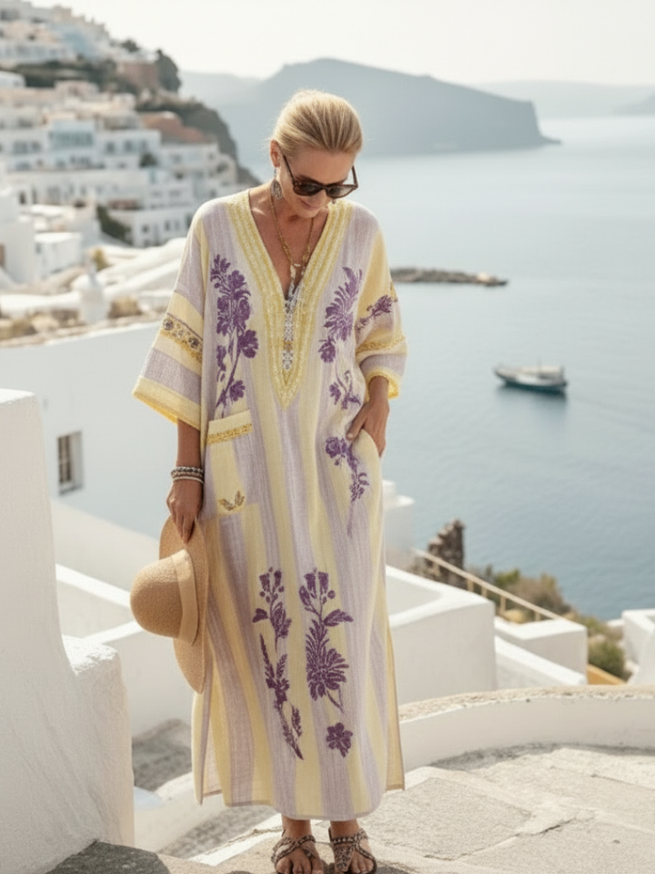 Aurelia | Vestido Maxi Floral a Rayas con Cuello en V y Mangas Cortas
