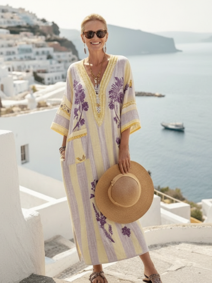 Aurelia | Vestido Maxi Floral a Rayas con Cuello en V y Mangas Cortas