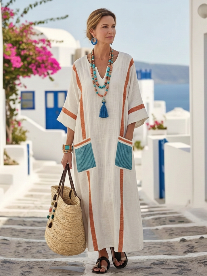 Noemi | Vestido Maxi con Cuello en V y Manga Corta con Bolsillos