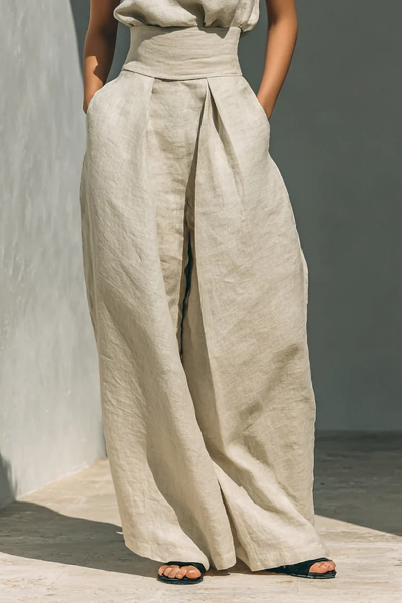 Conjunto minimalista para mujer de algodón y lino, compuesto por una blusa sin mangas y un pantalón ancho