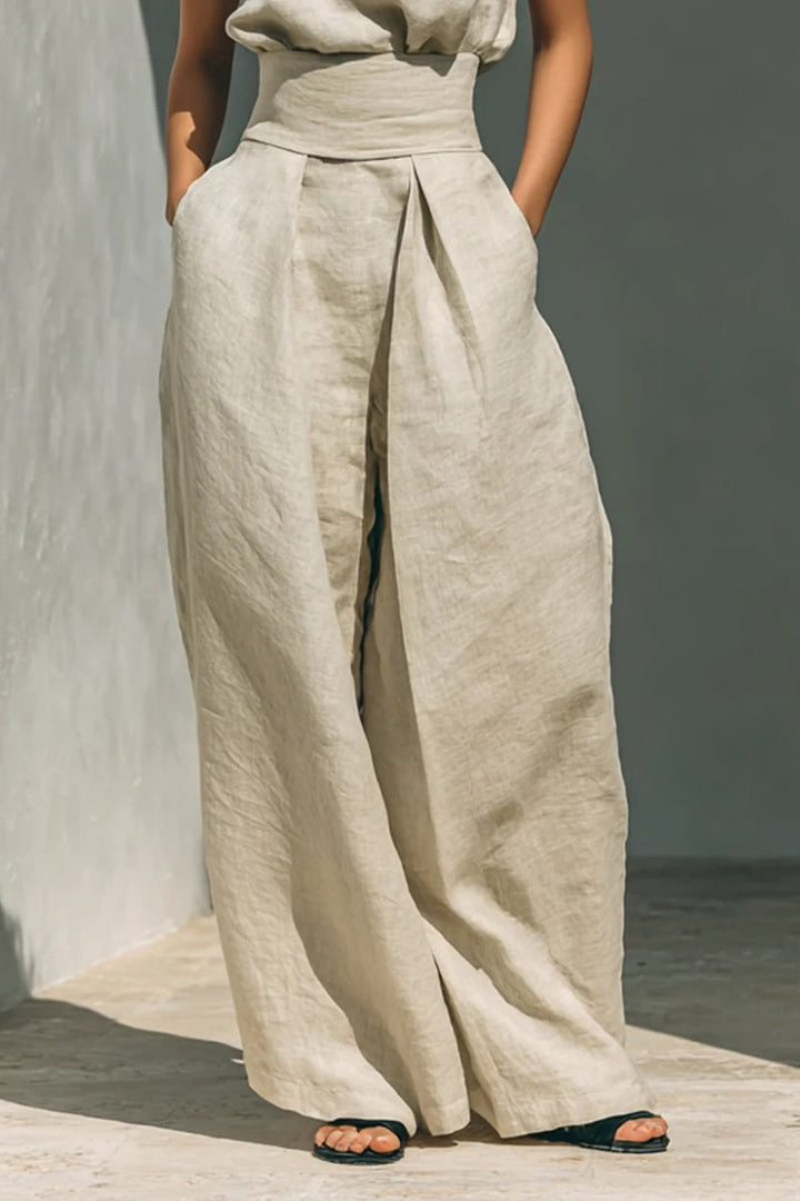 Conjunto minimalista para mujer de algodón y lino, compuesto por una blusa sin mangas y un pantalón ancho