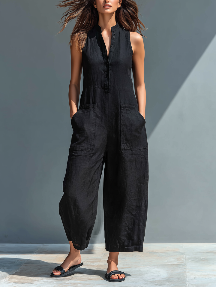 Eloïse ™ | Mono minimalista sin mangas para mujer en mezcla de lino con cuello alto y botonera