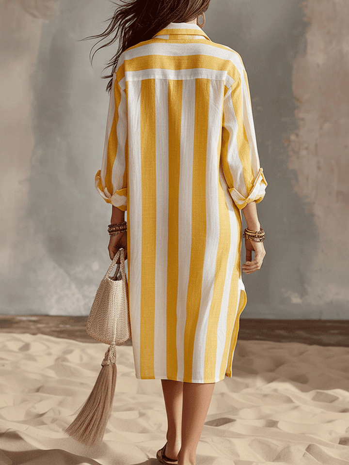 Ropa midi de vacaciones casual a rayas amarillas y blancas