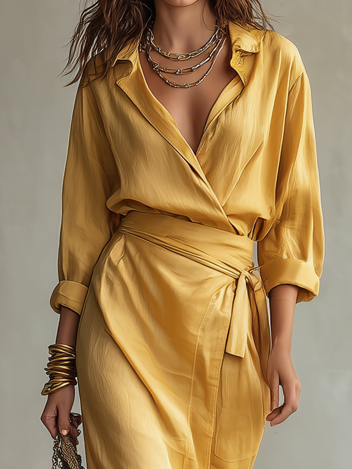 Vestido midi tipo envolvente lujoso con cintura anudada