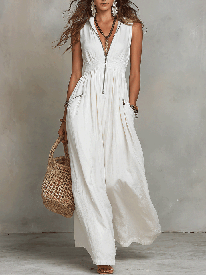 Vestido largo bohemio blanco con cierre de cremallera en el frente