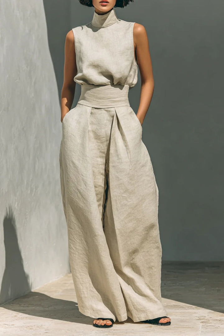 Conjunto minimalista para mujer de algodón y lino, compuesto por una blusa sin mangas y un pantalón ancho