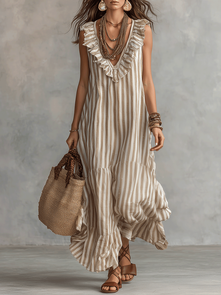 Robe longue bohème à rayures avec finitions volantées et coupe décontractée