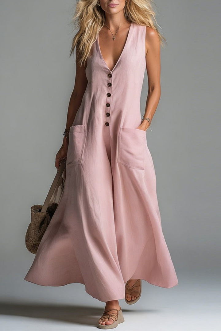 Vestido casual liso con cuello en V y bolsillos