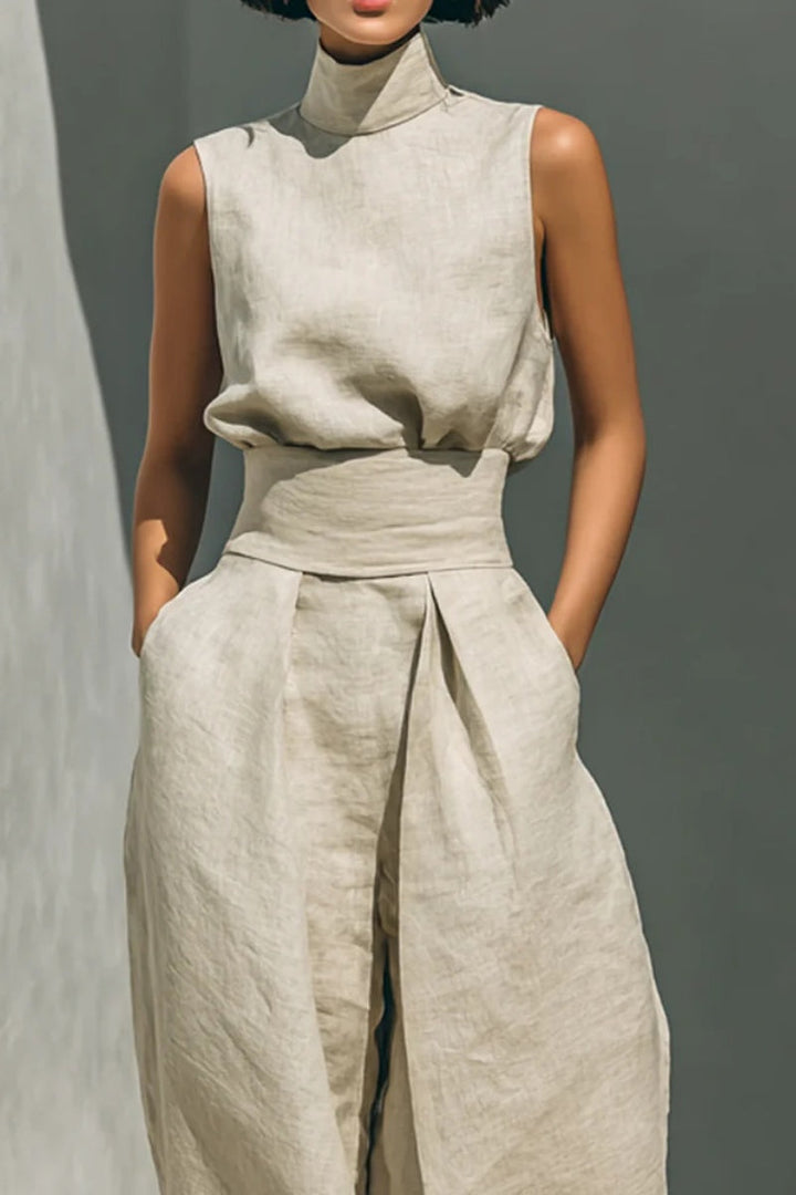 Conjunto minimalista para mujer de algodón y lino, compuesto por una blusa sin mangas y un pantalón ancho