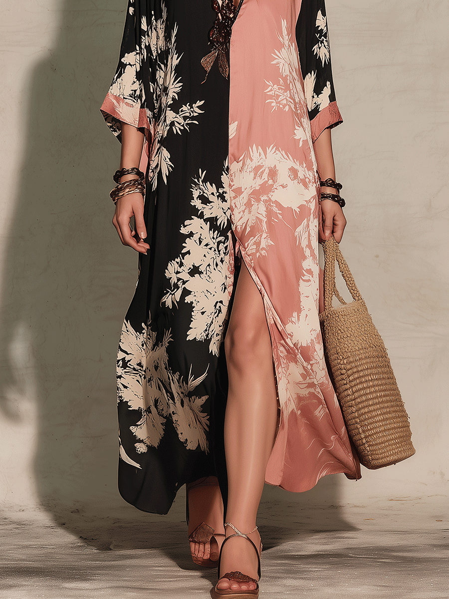 Ropa larga bohemia floreada bicolor con abertura de estilo natural