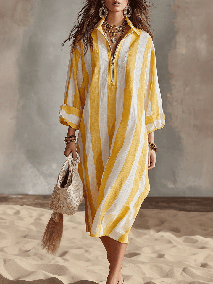 Ropa midi de vacaciones casual a rayas amarillas y blancas