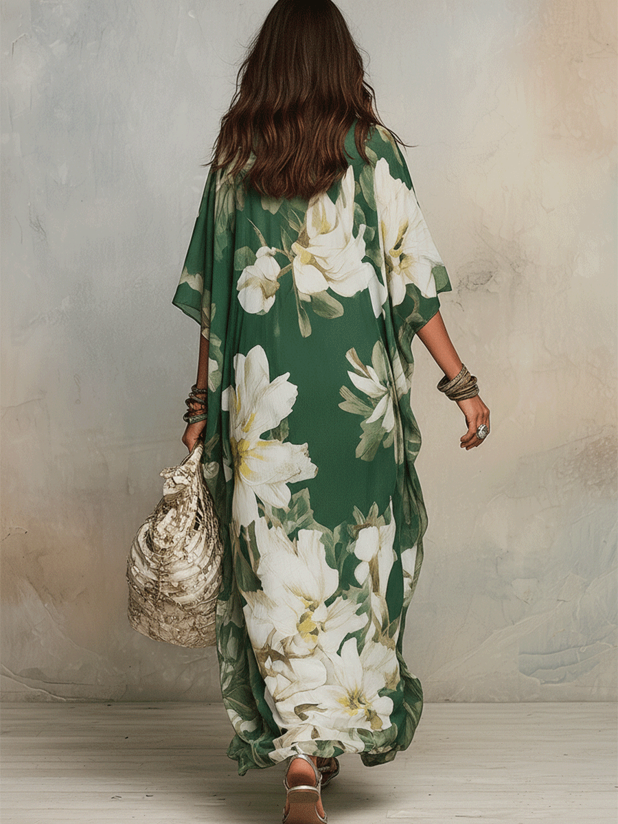 Robe longue bohème fluide Émeraude Fleur