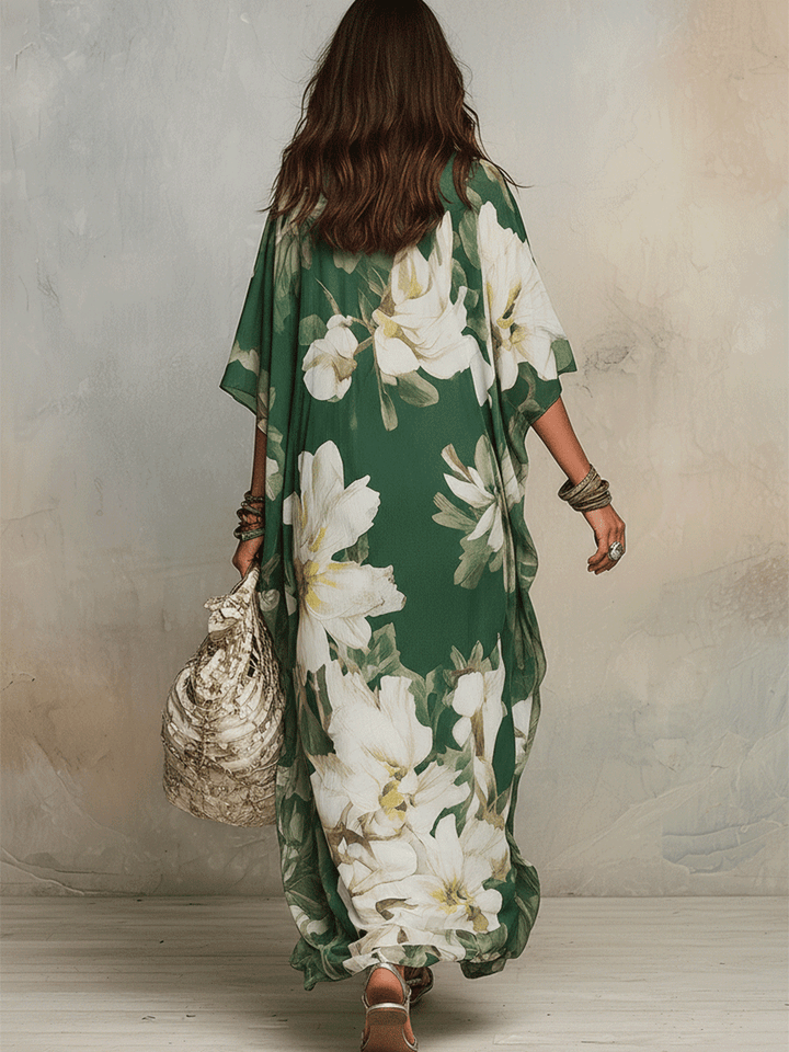 Robe longue bohème fluide Émeraude Fleur