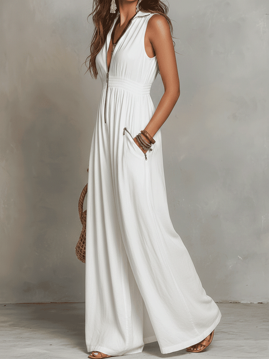 Vestido largo bohemio blanco con cierre de cremallera en el frente