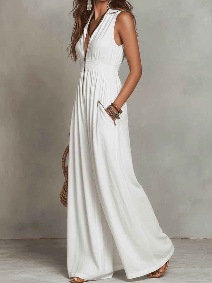 Vestido largo bohemio blanco con cierre de cremallera en el frente