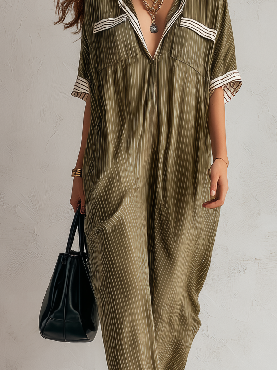 Robe longue plissée décontractée vert olive au style sophistiqué
