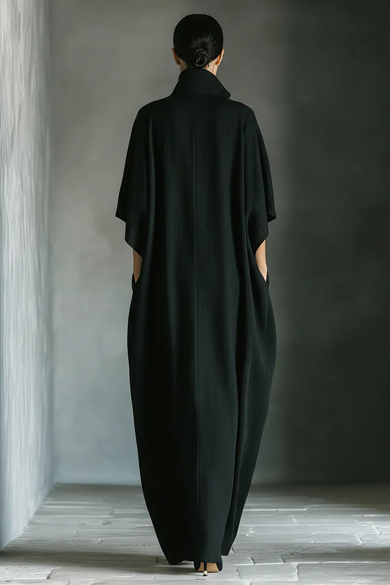 Ropa larga negra oversize para mujer en mezcla de algodón, con mangas kimono y bolsillos