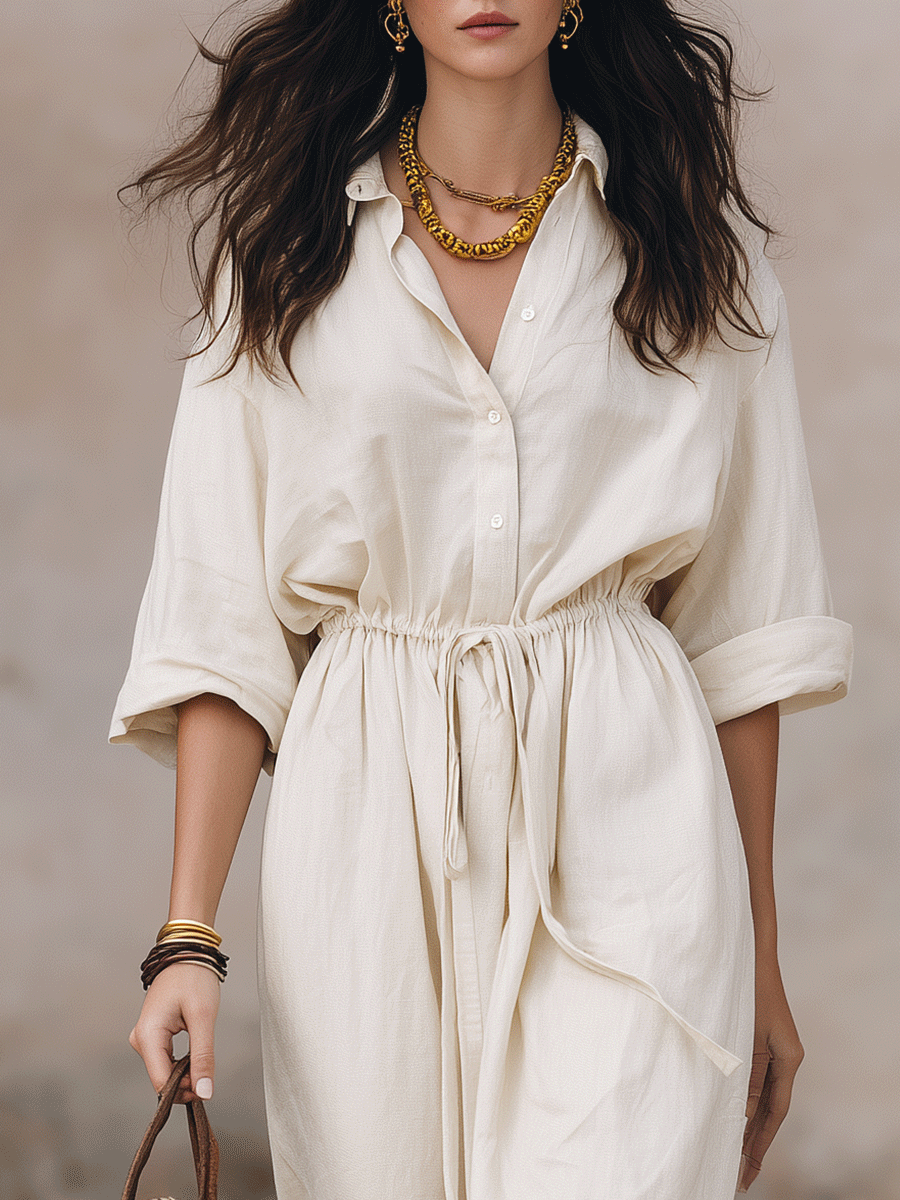 Robe chemise longue bohème en lin à taille coulissante