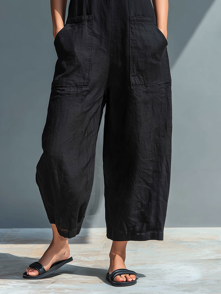 Eloïse ™ | Mono minimalista sin mangas para mujer en mezcla de lino con cuello alto y botonera