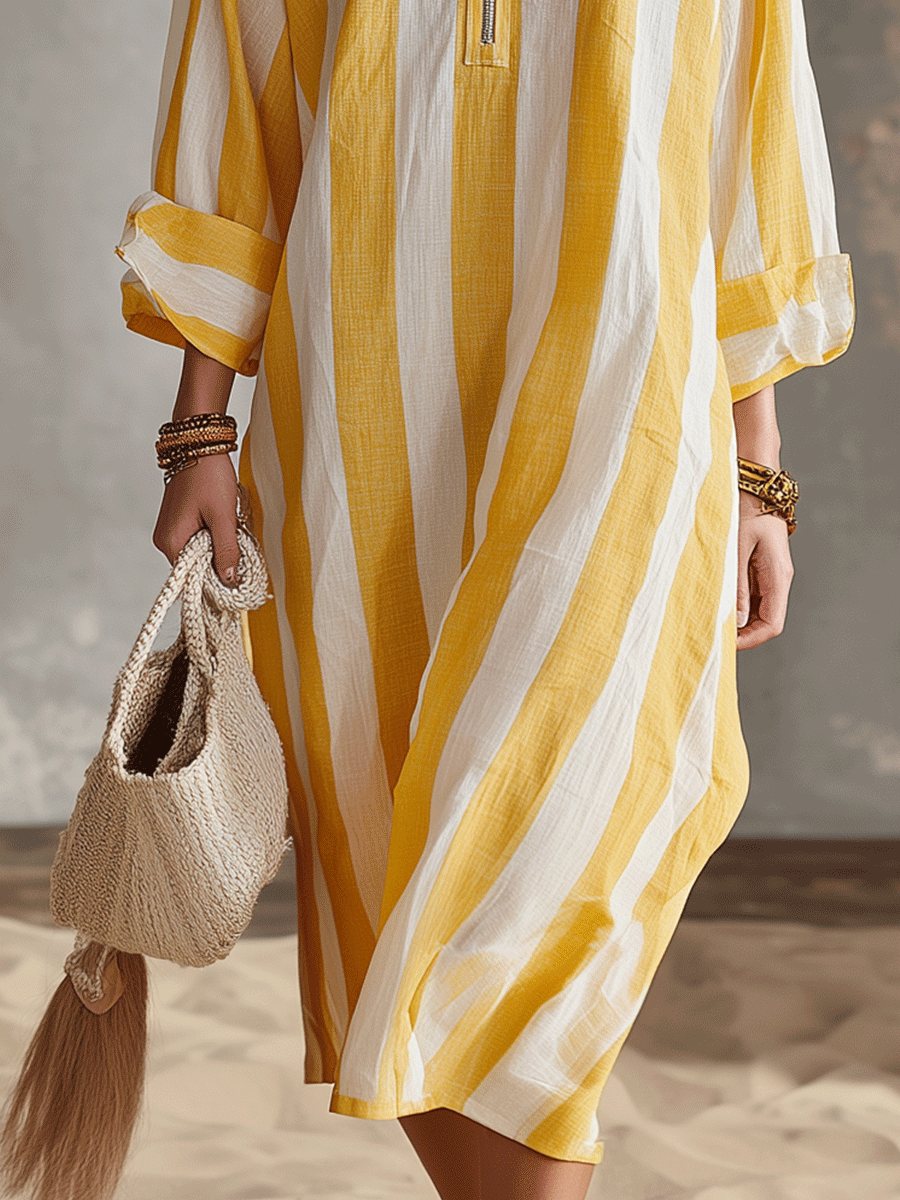 Ropa midi de vacaciones casual a rayas amarillas y blancas
