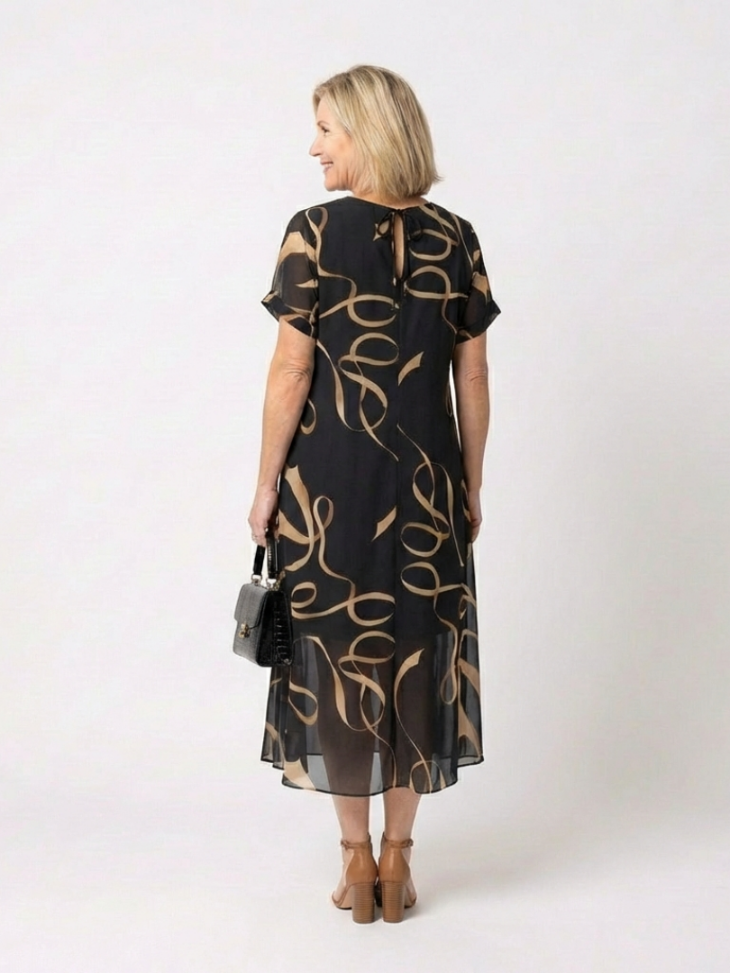 Marisa | Vestido Midi de Manga Corta en V con Estampado Abstracto