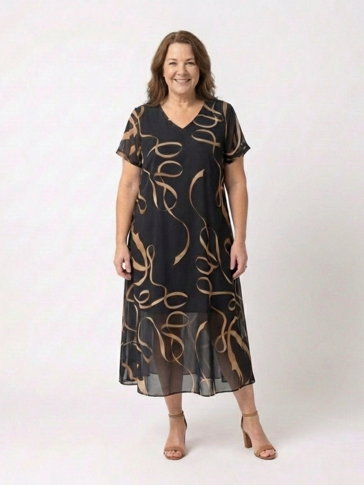 Marisa | Vestido Midi de Manga Corta en V con Estampado Abstracto