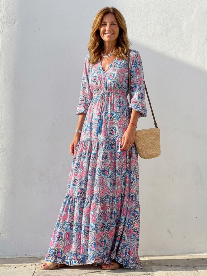 Isabella | Vestido Maxi Bohemio de Manga Larga con Escote en V