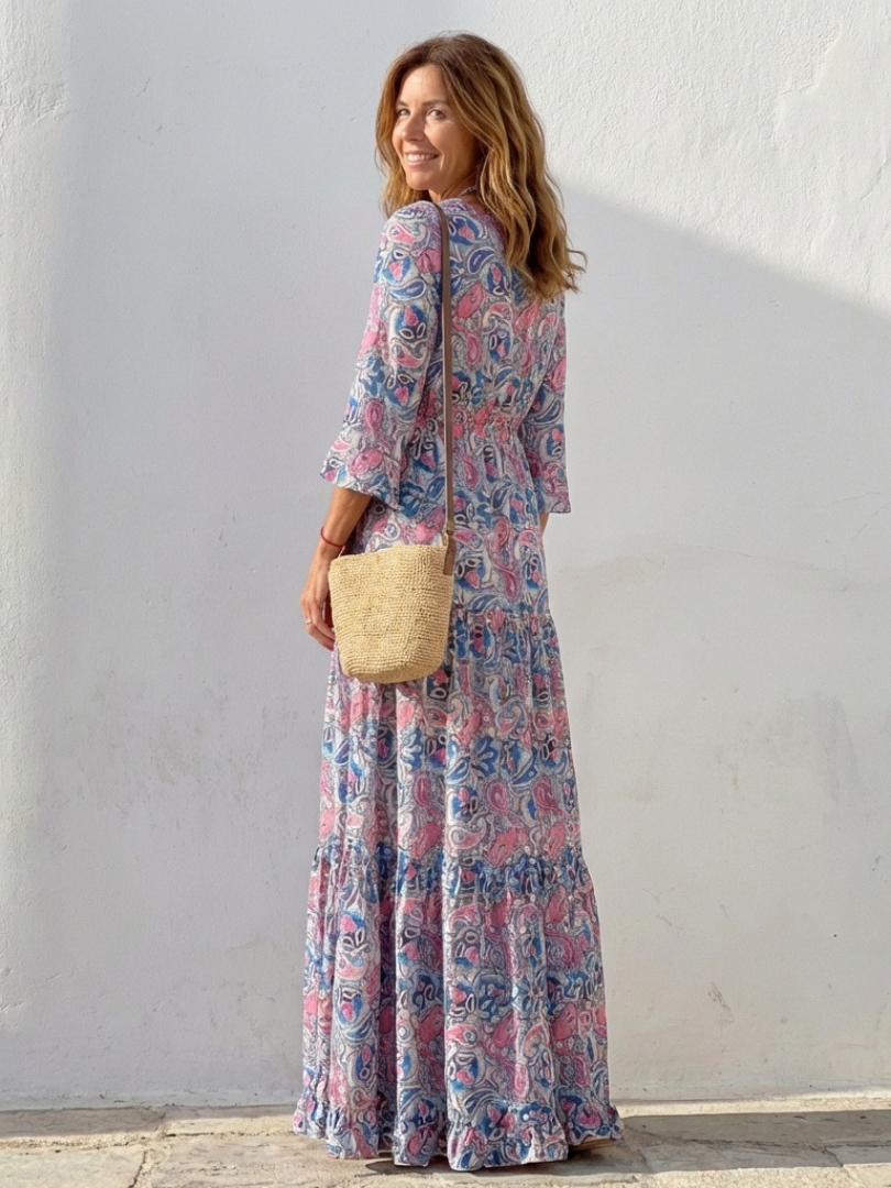 Isabella | Vestido Maxi Bohemio de Manga Larga con Escote en V
