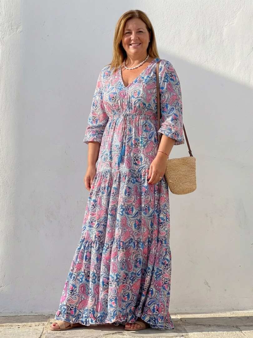 Isabella | Vestido Maxi Bohemio de Manga Larga con Escote en V