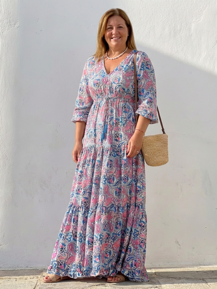Isabella | Vestido Maxi Bohemio de Manga Larga con Escote en V