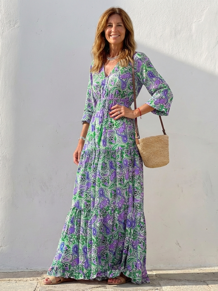 Isabella | Vestido Maxi Bohemio de Manga Larga con Escote en V