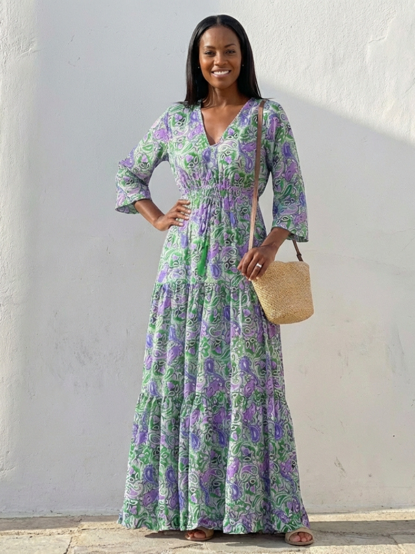 Isabella | Vestido Maxi Bohemio de Manga Larga con Escote en V