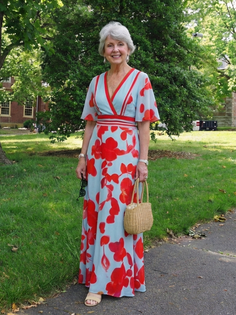 Corinne | Vestido Maxi Floral de Manga Corta con Escote en V