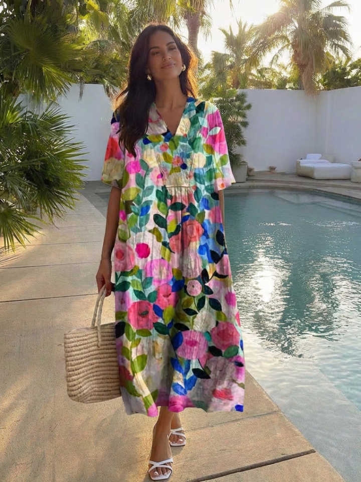 Margaret | Vestido Midi Floral de Manga Corta