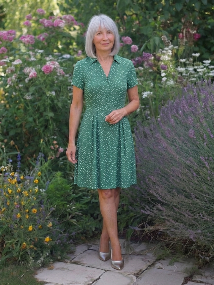 Caroline | Vestido midi de lunares con cuello y mangas cortas